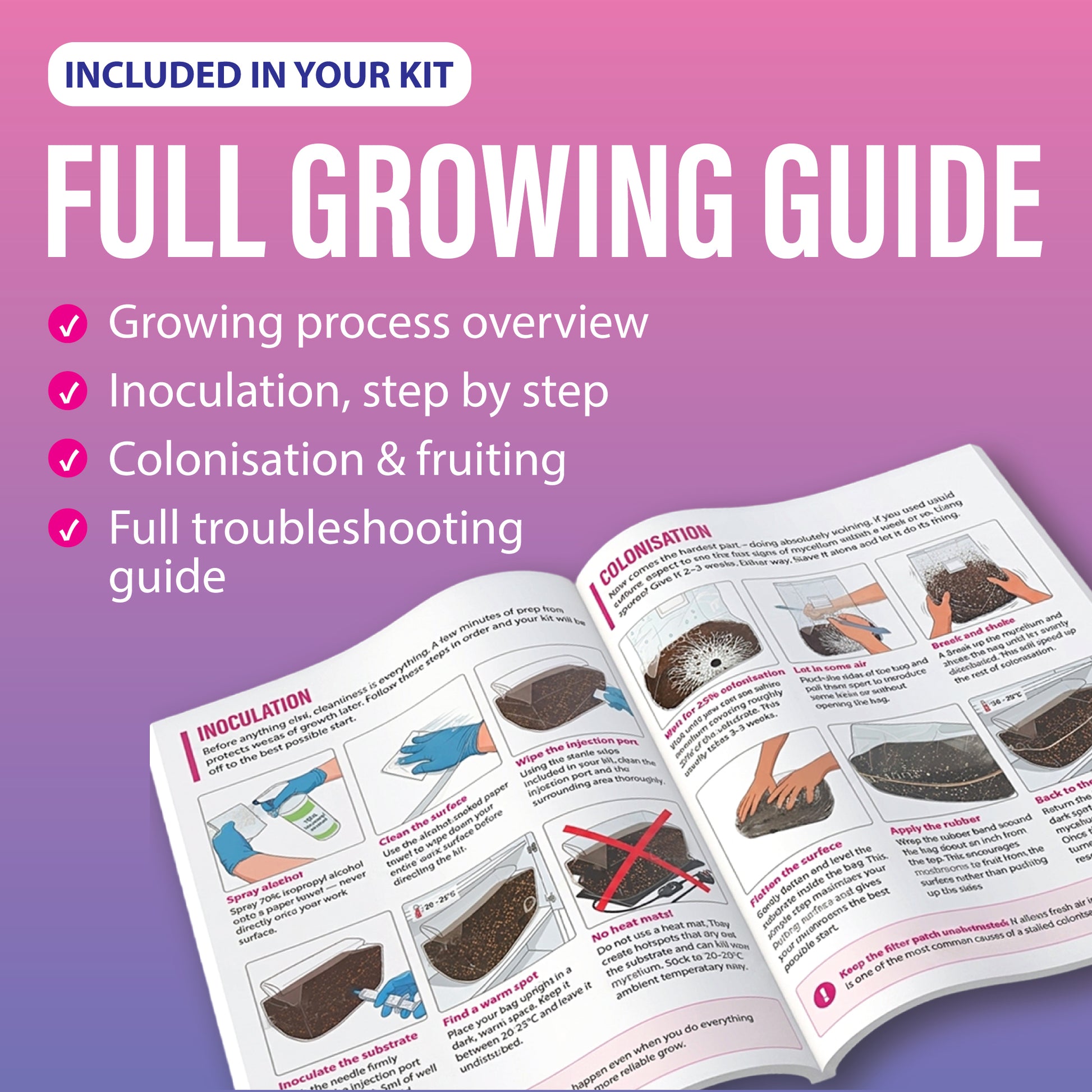 XL Inject and Forget mushroom grow kit full colour printed growing guide with inoculation and colonisation instructions