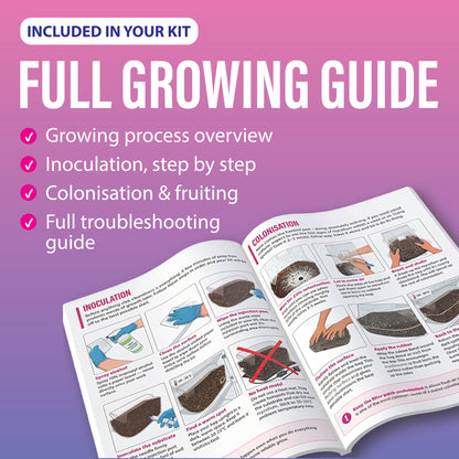 XL Inject and Forget mushroom grow kit full colour printed growing guide with inoculation and colonisation instructions