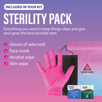 Sterility pack included with the mushroom grow kit: nitrile gloves, face mask and alcohol skin wipes
