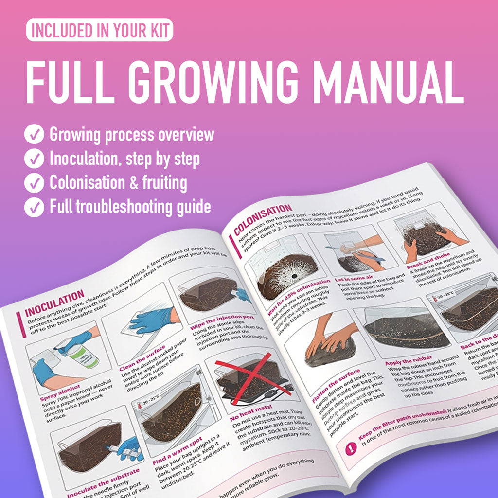 Full colour printed mushroom growing manual included in kit