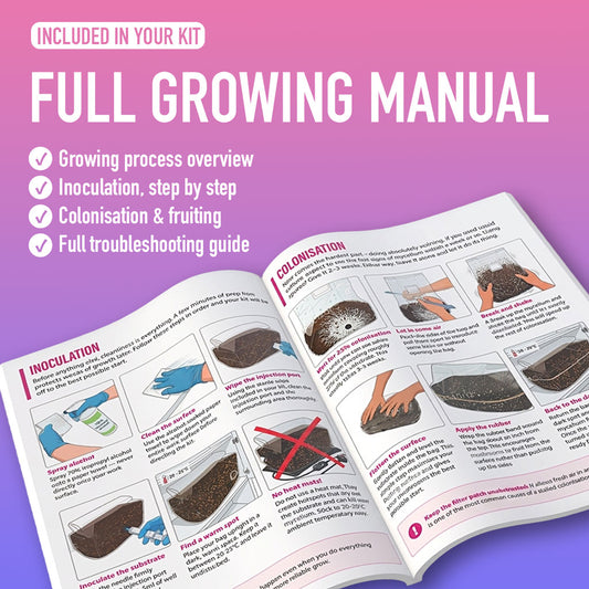Full colour printed mushroom growing manual included in kit